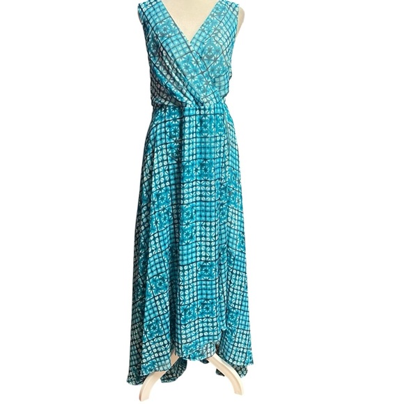 TOMMY HILFIGER V-NECK LINED SURPLICE FAUX-WRAP MAXI DRESS Size 16 Teal White - Picture 9 of 16